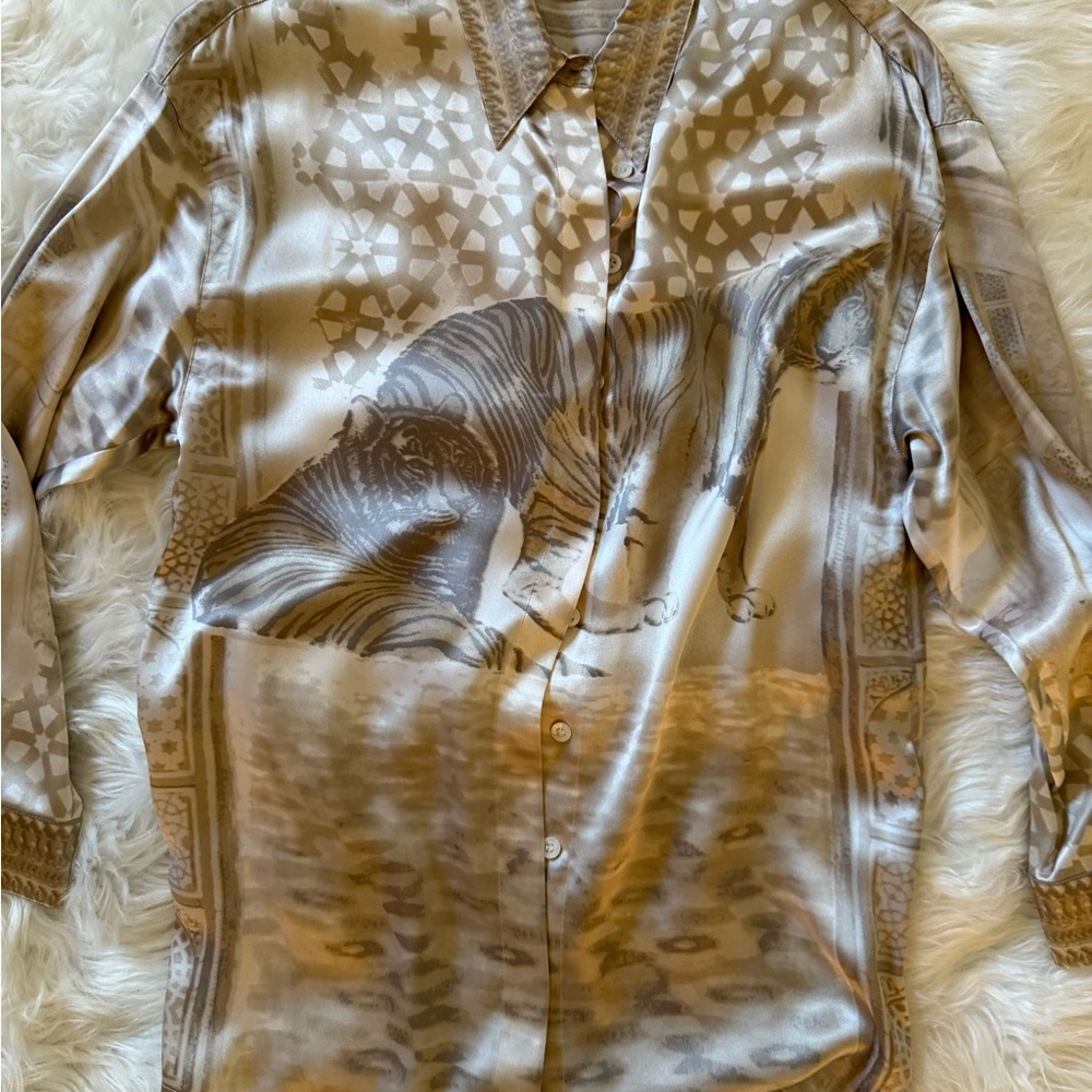 Escada Tan Casual Button Down Shirt with Tiger Organic Pattern
